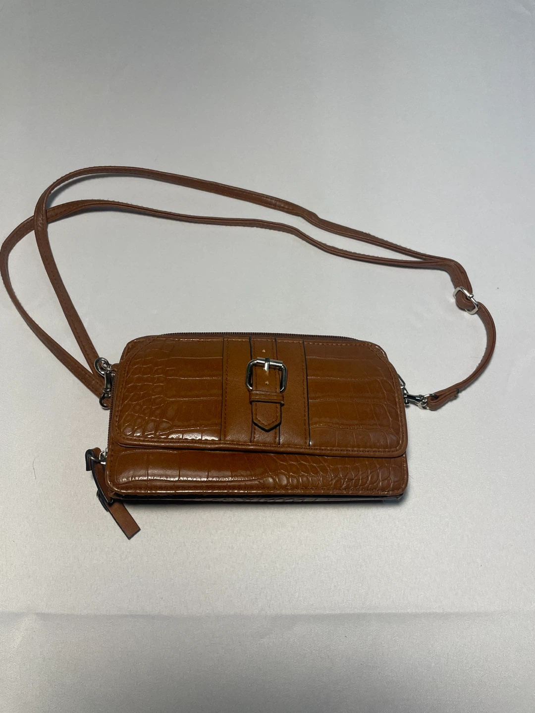 Brown Crocodile Embossed Crossbody Wallet