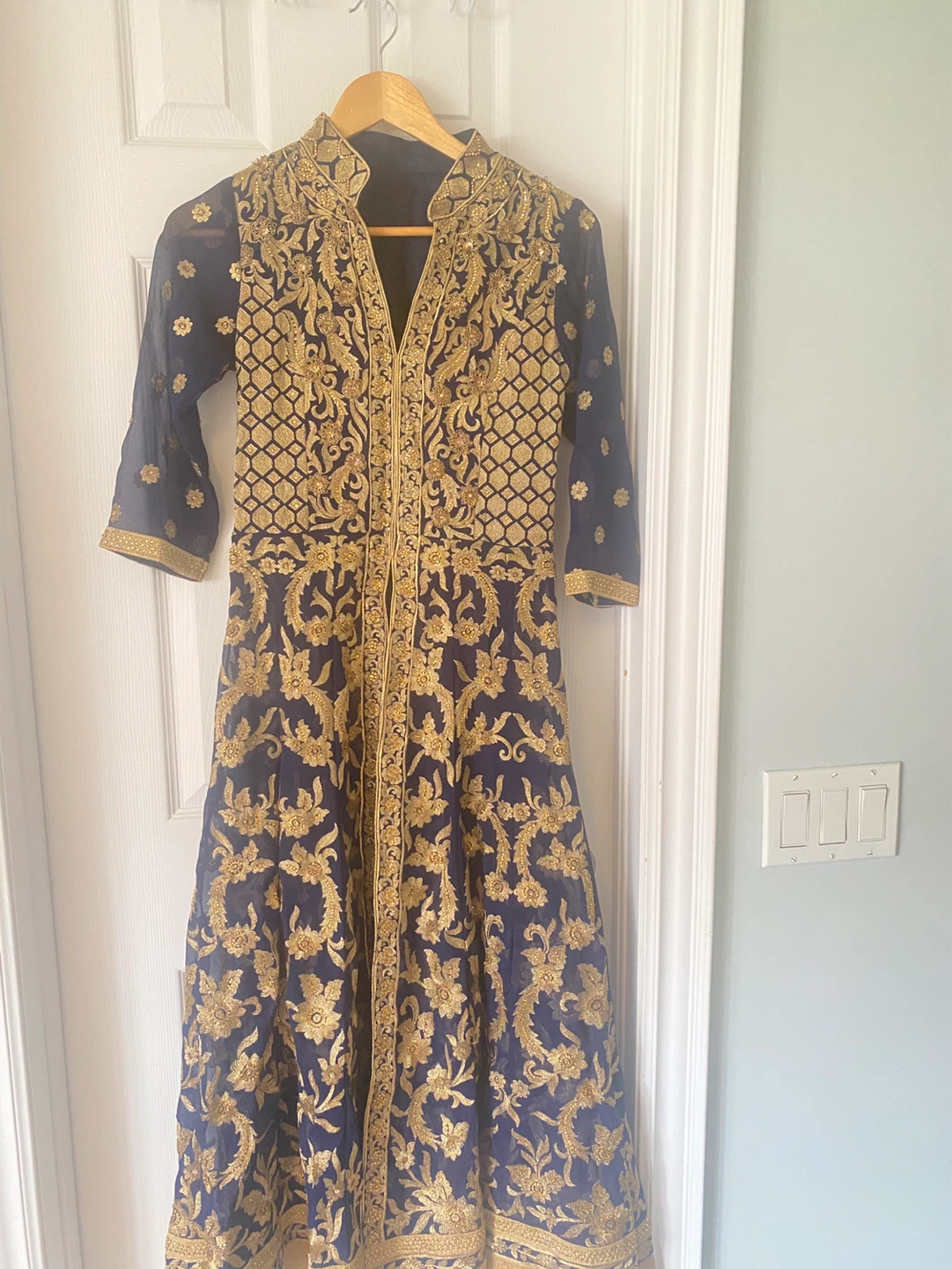 Blue and Gold Embroidered long Dress with skirts
