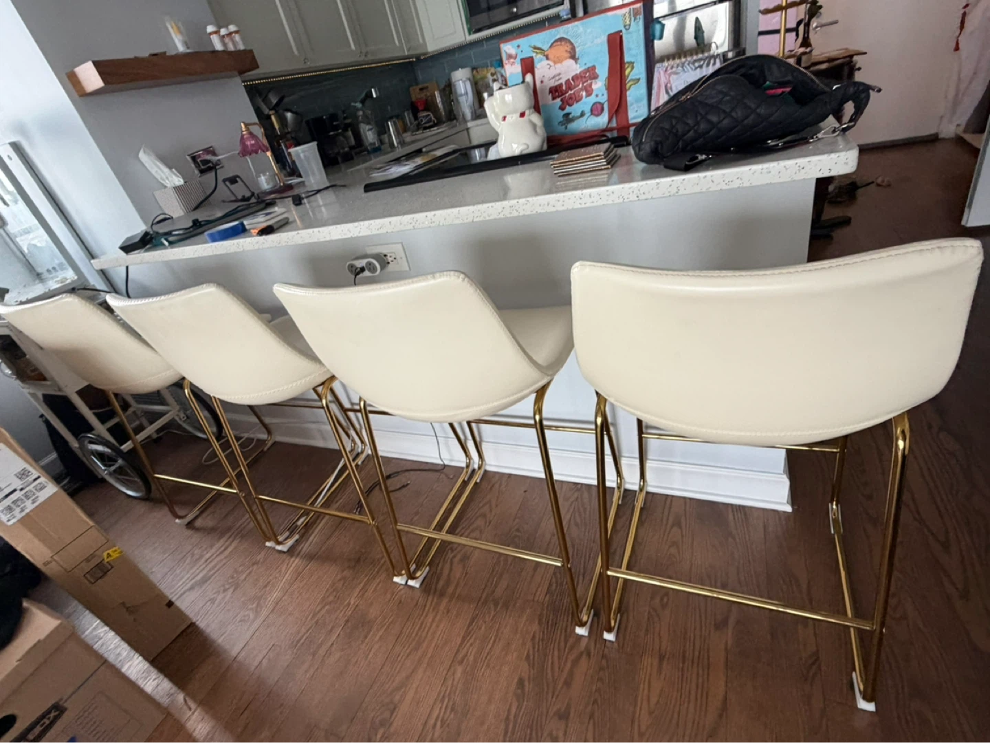 Cream Faux Leather Bar Stools with Gold Legs (Set of 4) - photo 4