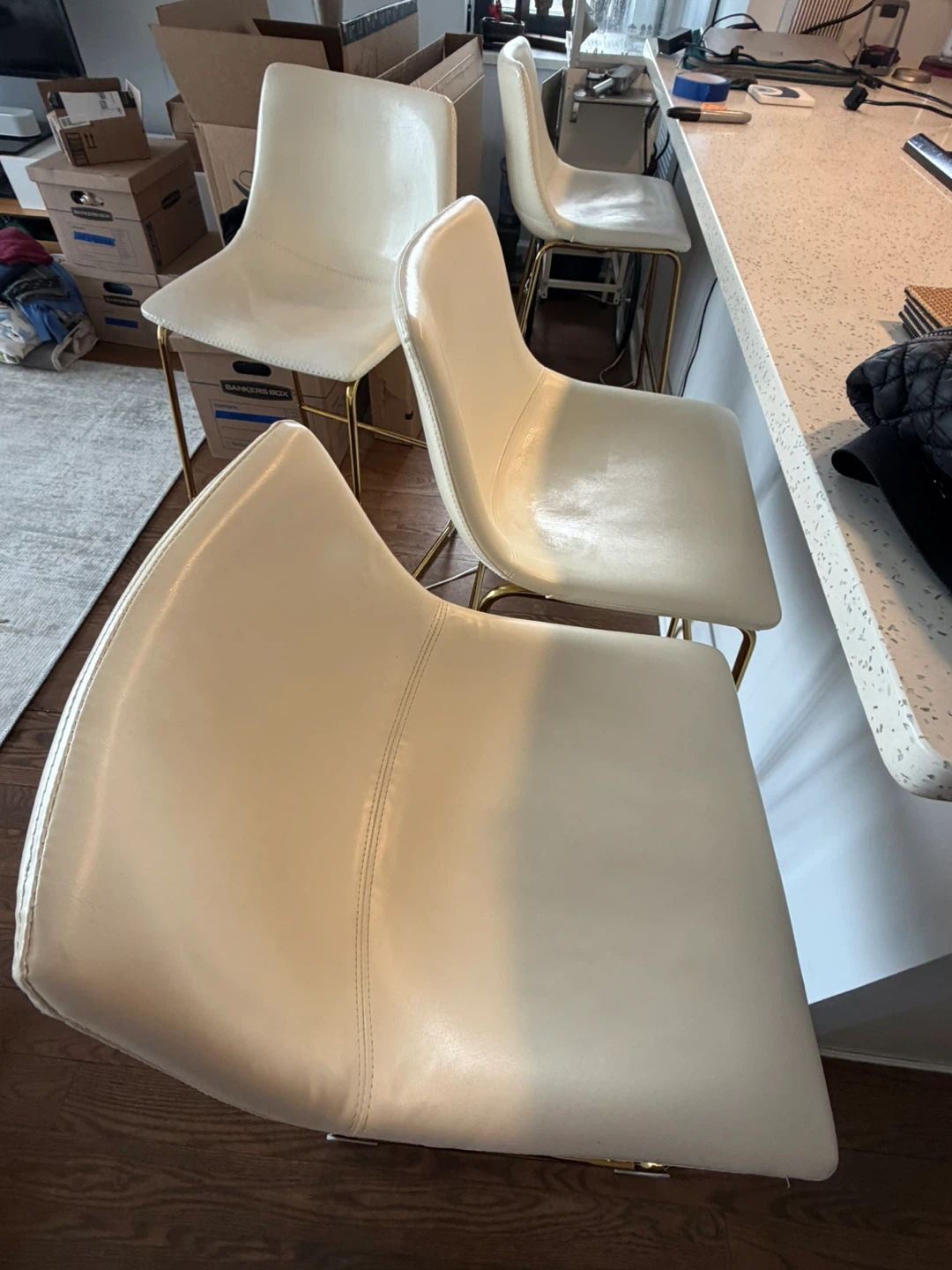 Cream Faux Leather Bar Stools with Gold Legs (Set of 4) - photo 2