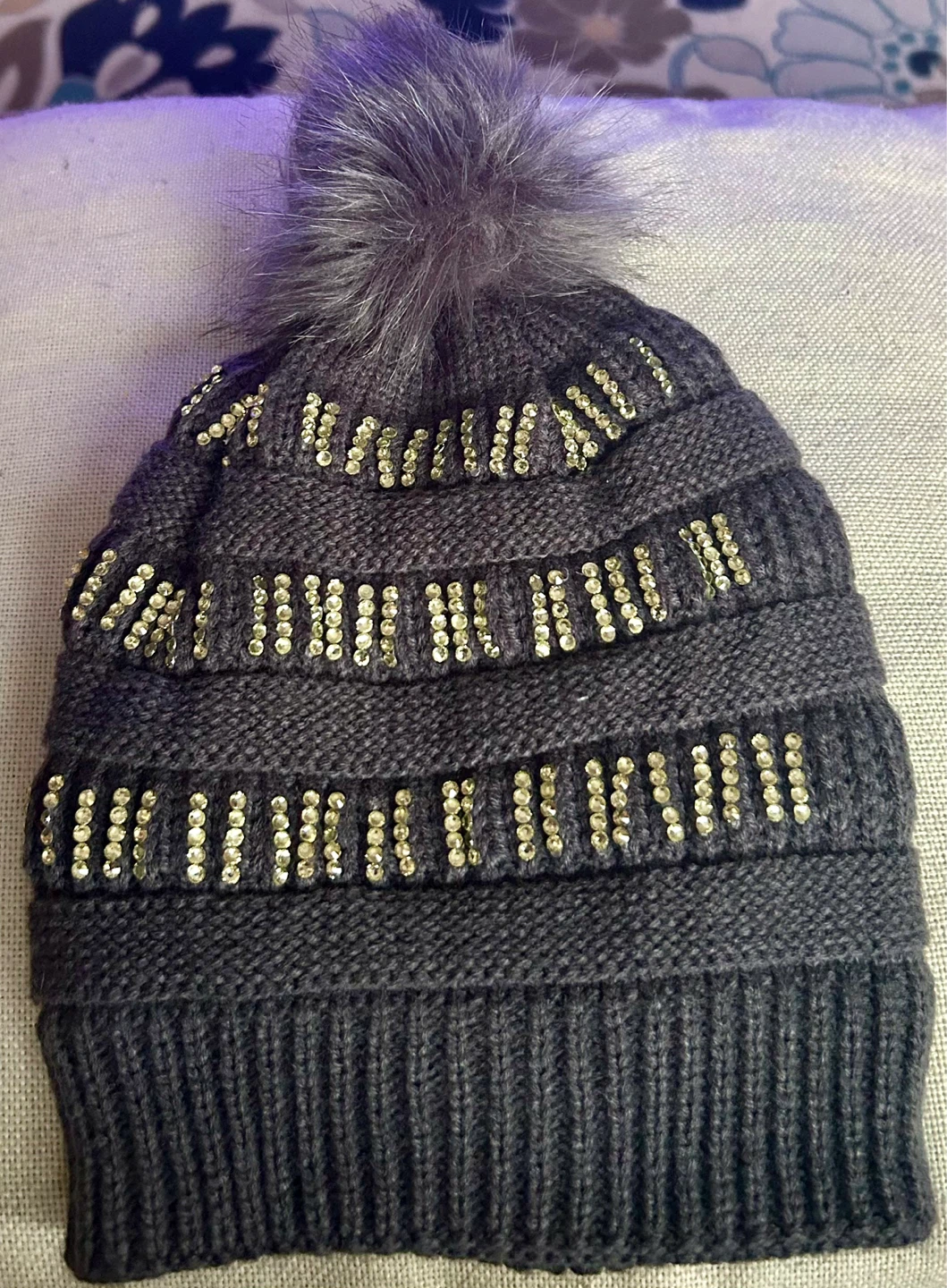 Gray Beanie with Faux Fur Pom  Sequins