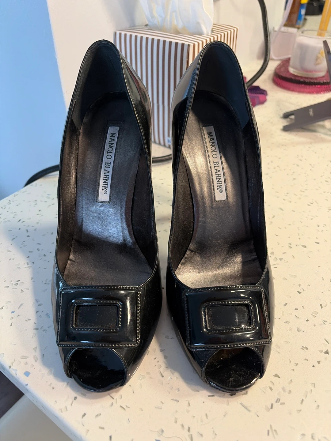 Manolo Blahnik Black Patent Leather Peep-Toe Heels Size 38.5