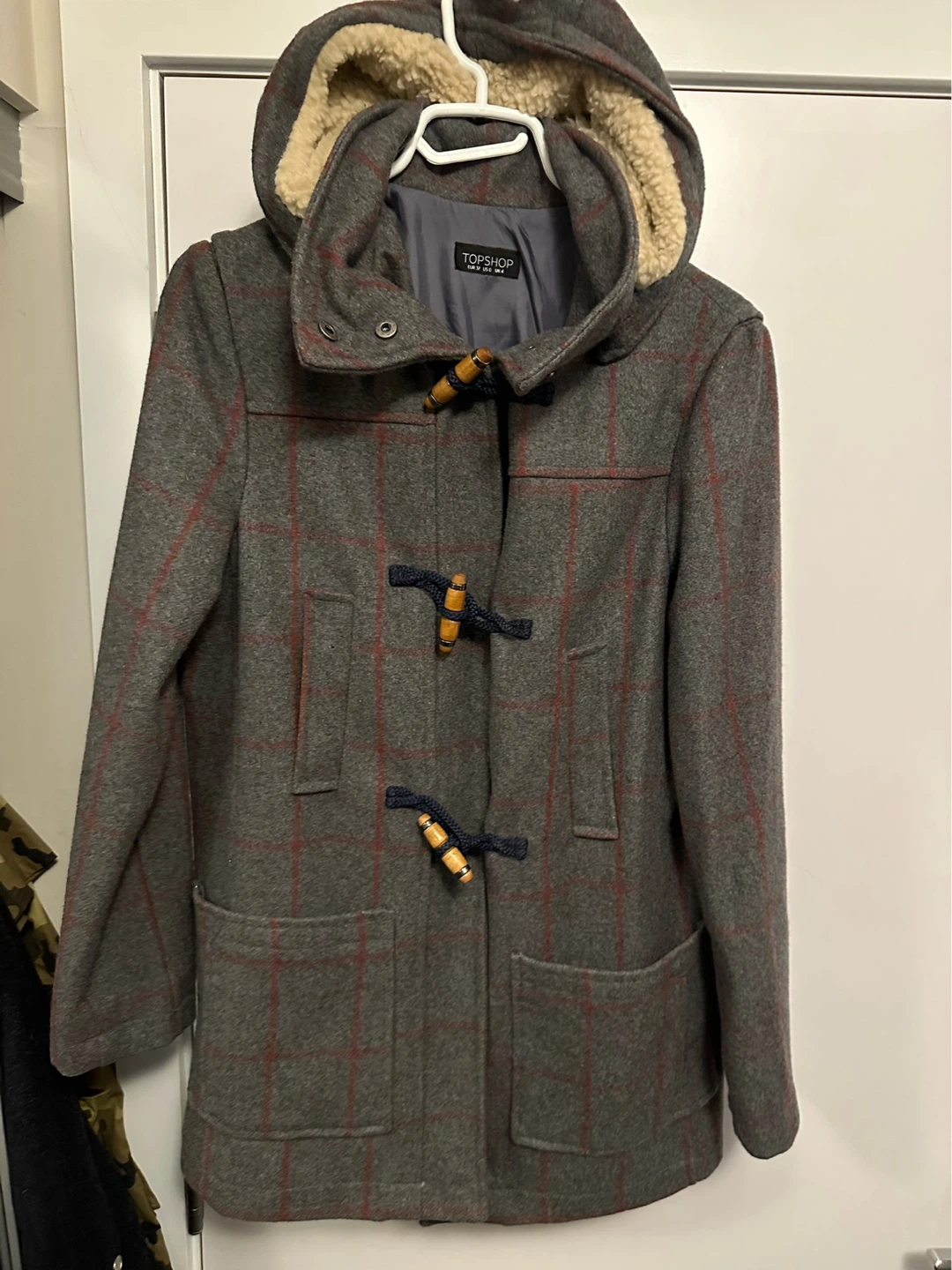 Topshop Grey Plaid Toggle Coat with Hood