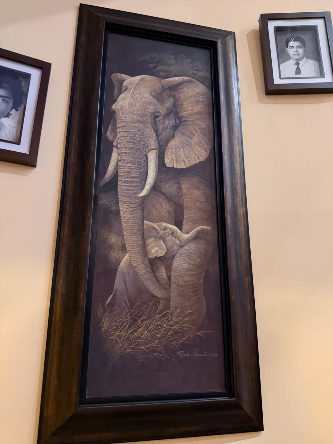 Framed Elephant Mother and Calf Painting