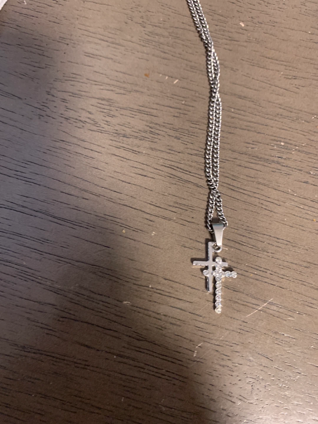 Silver-tone cross pendant necklace with clear stones