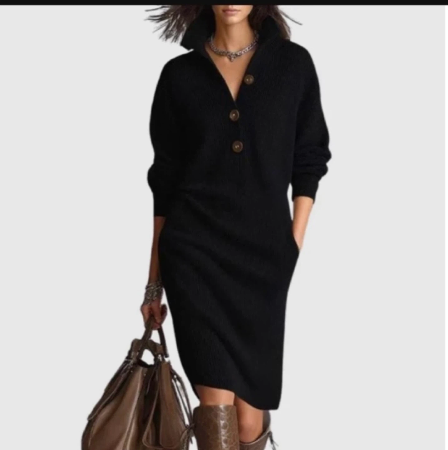 Black Knit Button-Front Sweater Dress
