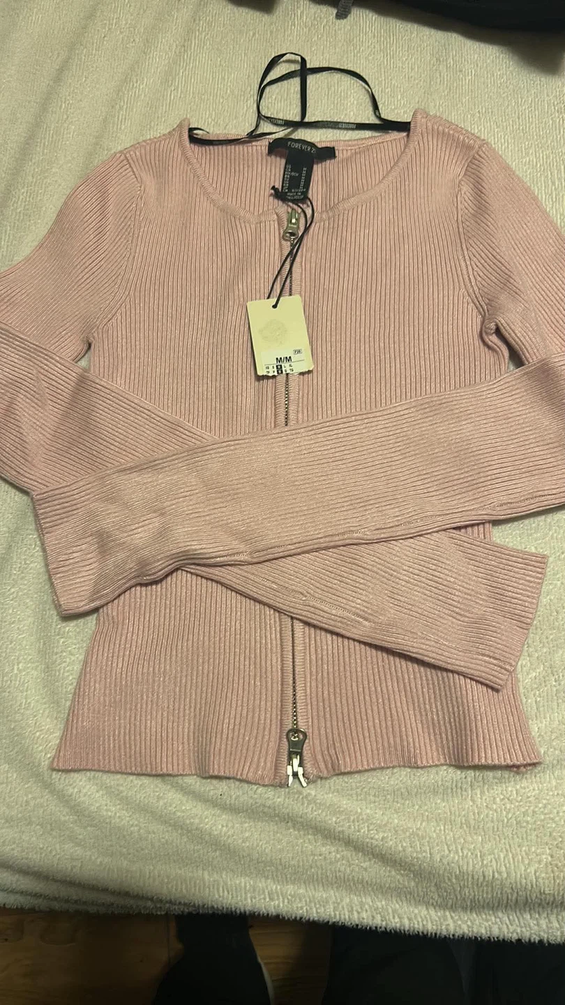 Forever 21 Pink Ribbed Zip-Up Cardigan