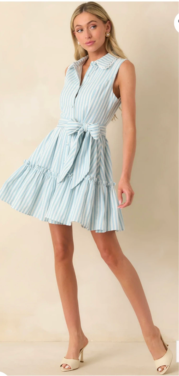 Prosperina Aque blue  and White Striped Ruffled Dress with Belt - photo 5