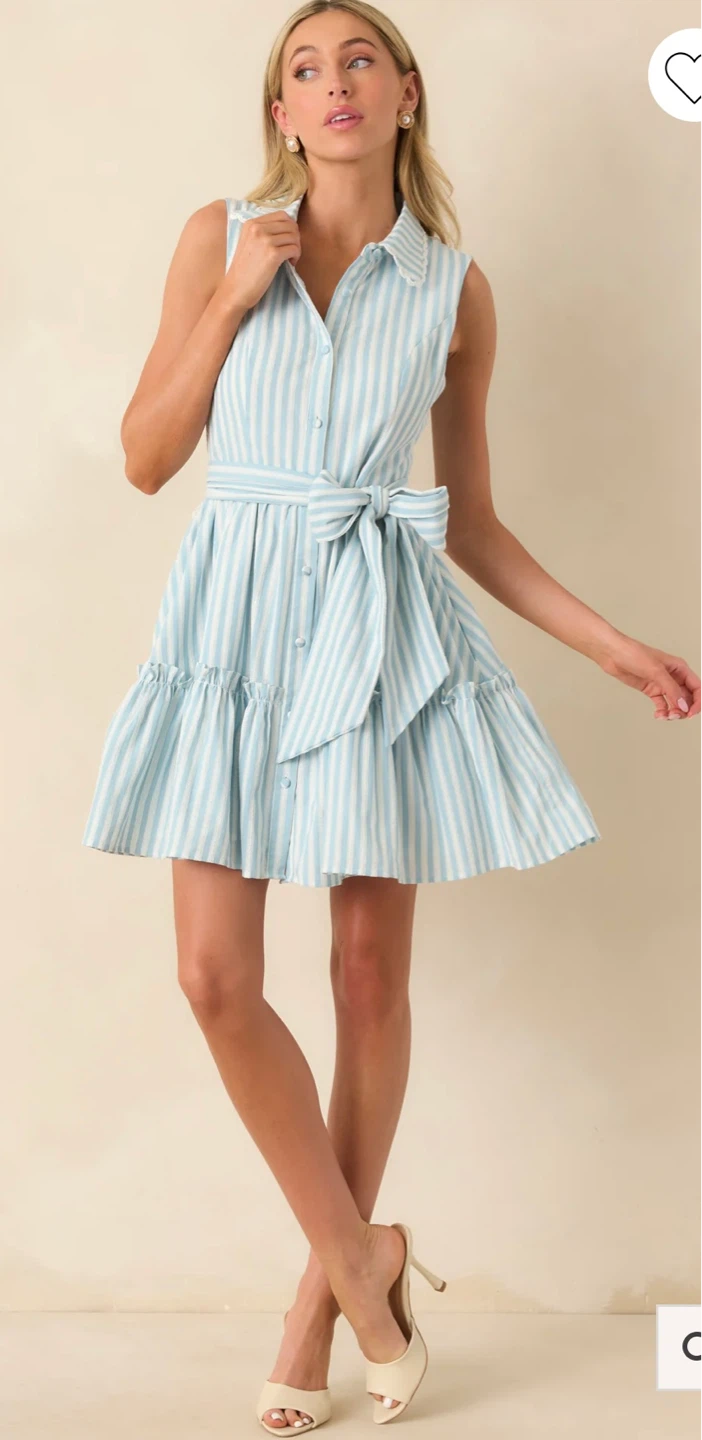 Prosperina Aque blue  and White Striped Ruffled Dress with Belt - photo 3