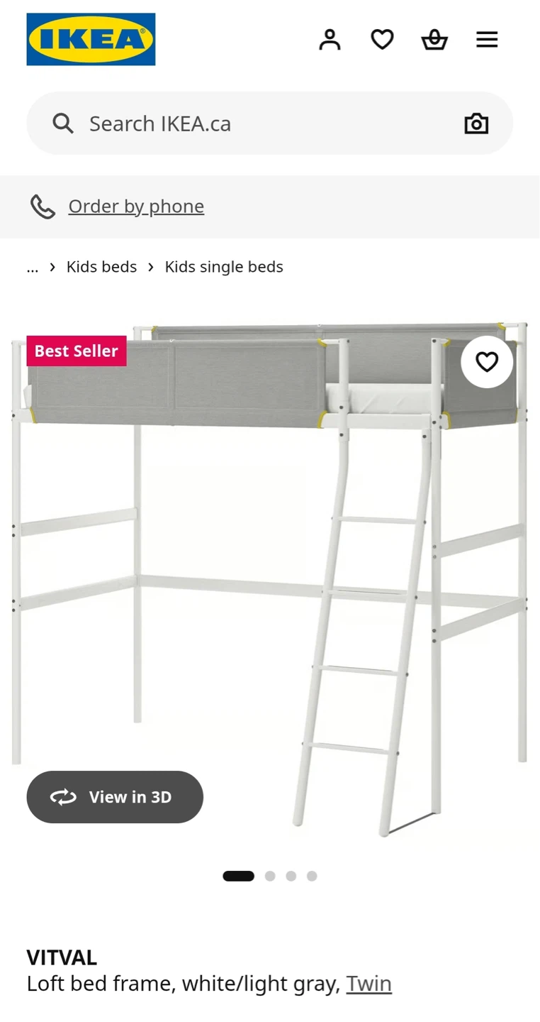 IKEA VITVAL Loft Bed Frame White/Light Gray Twin