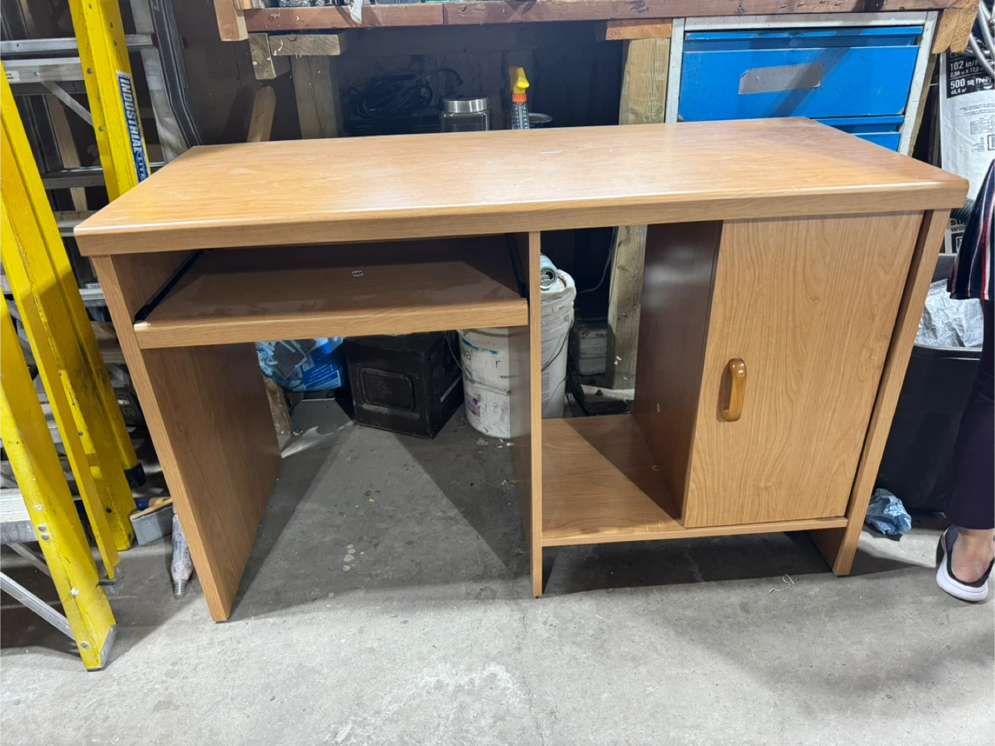 Light Wood Computer Desk with Keyboard Tray and Cabinet