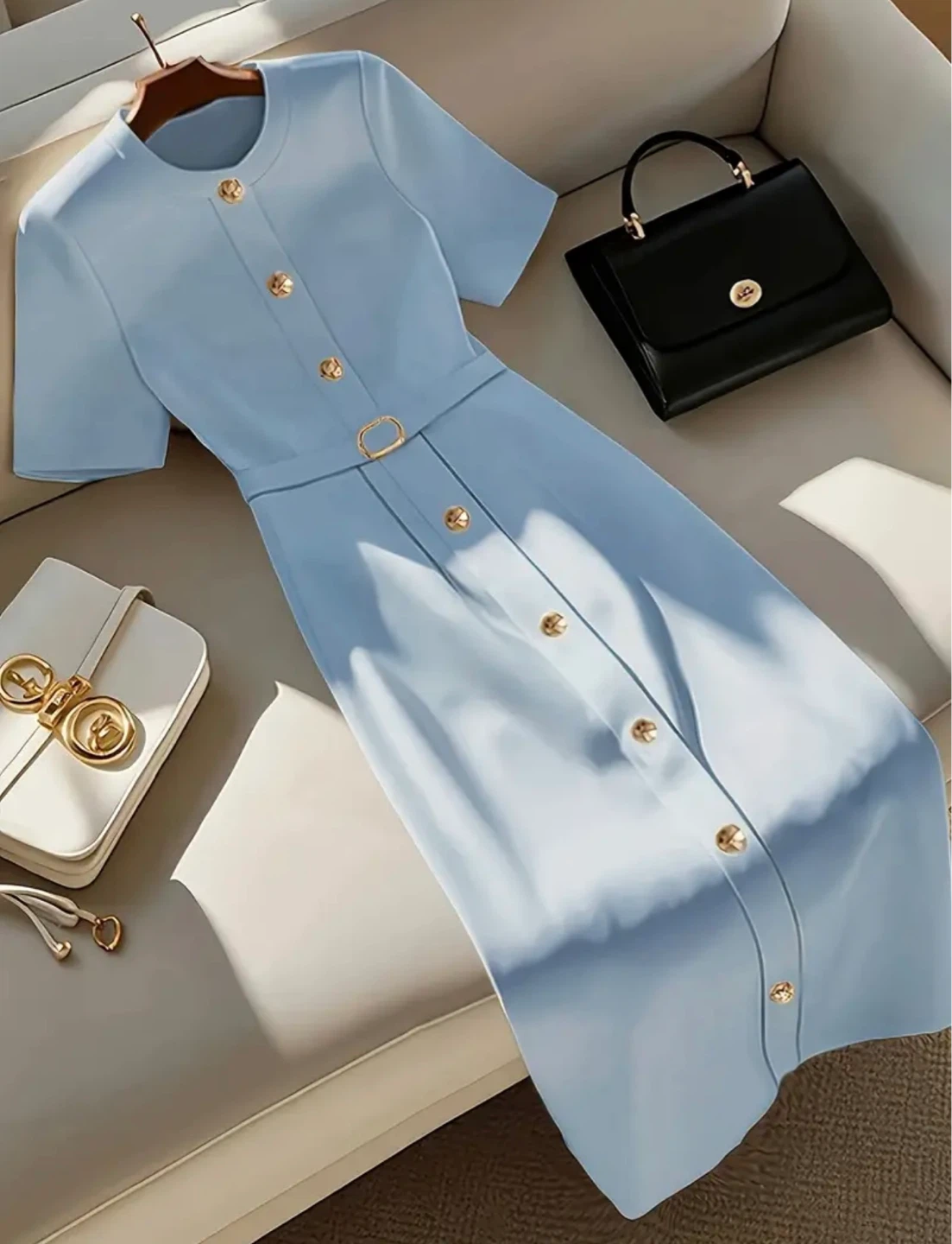 Light Blue Short Sleeve Midi Dress with Gold Buttons