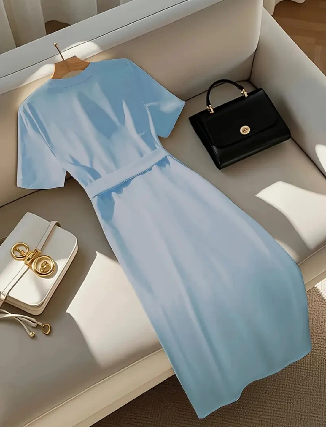 Light Blue Short Sleeve Midi Dress with Gold Buttons - photo 2