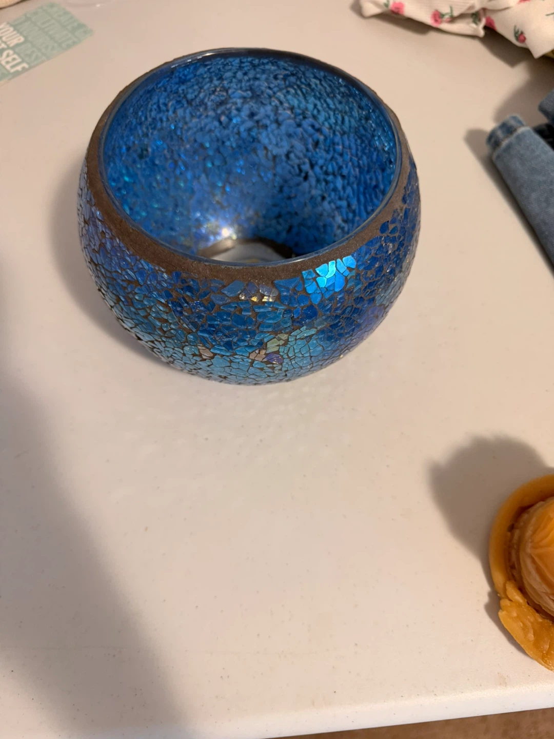 Mosaic Glass Candle Holder Teal Blue - photo 2