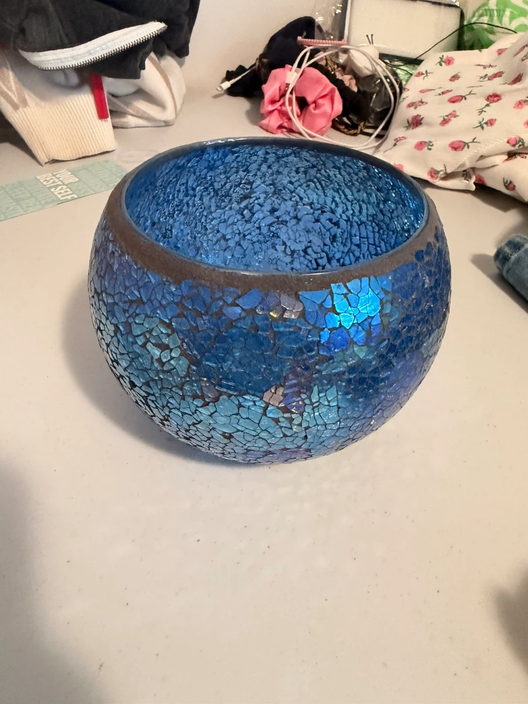 Mosaic Glass Candle Holder Teal Blue
