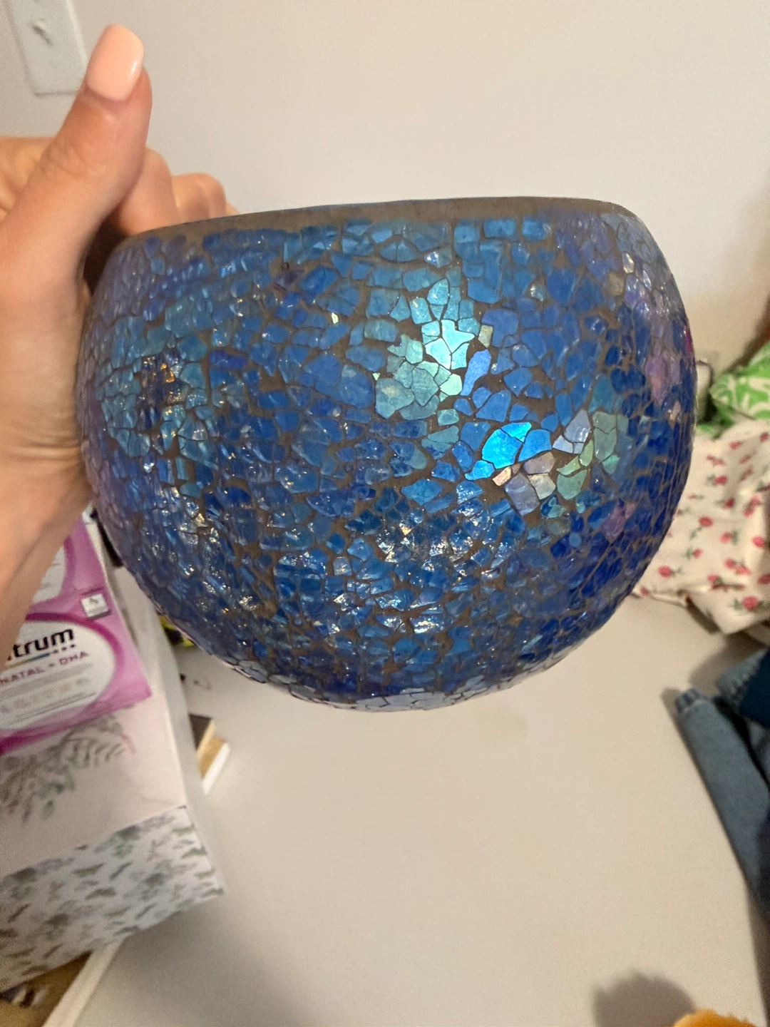Mosaic Glass Candle Holder Teal Blue - photo 3