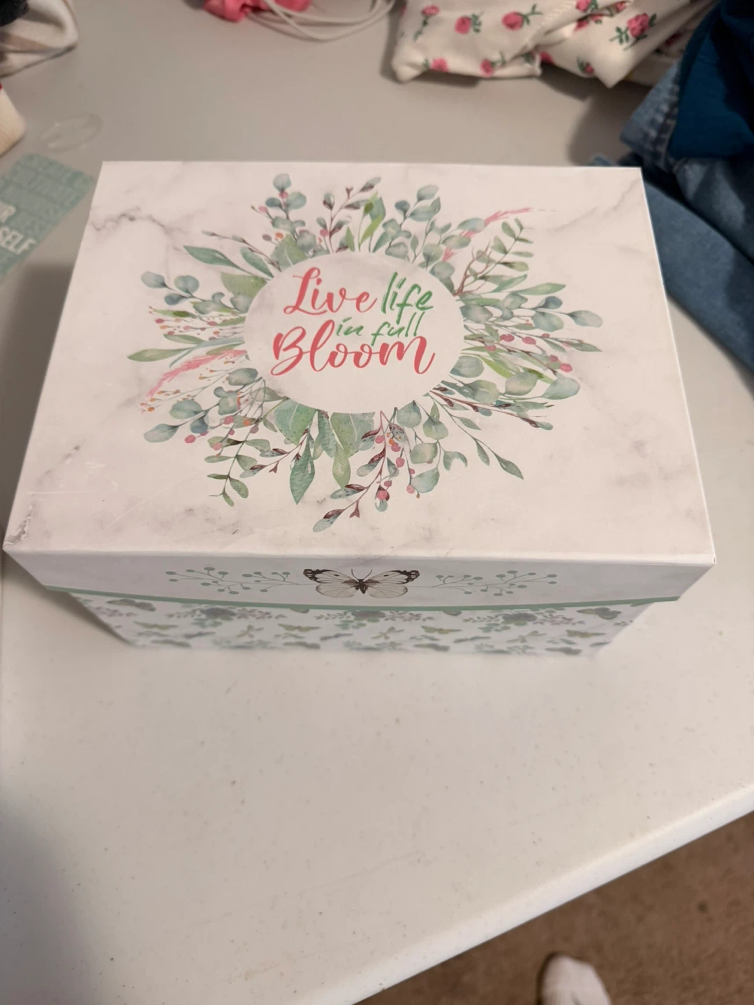 Decorative Storage Box with "Live life in full bloom" quote