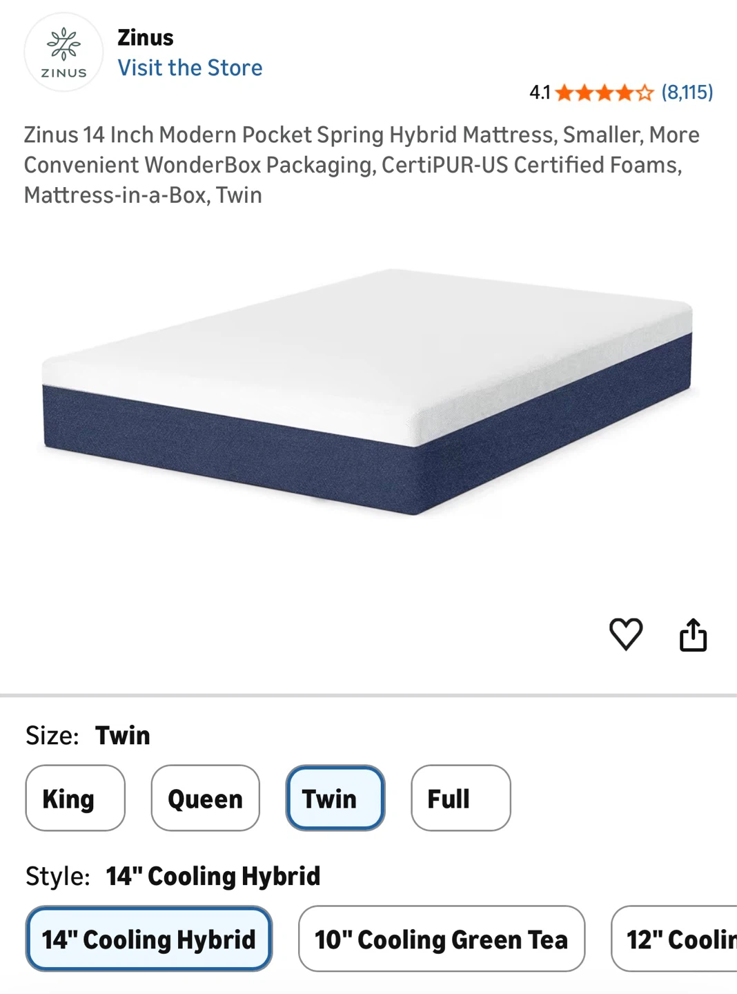 Zinus 14 Inch Twin Modern Pocket Spring Hybrid Mattress