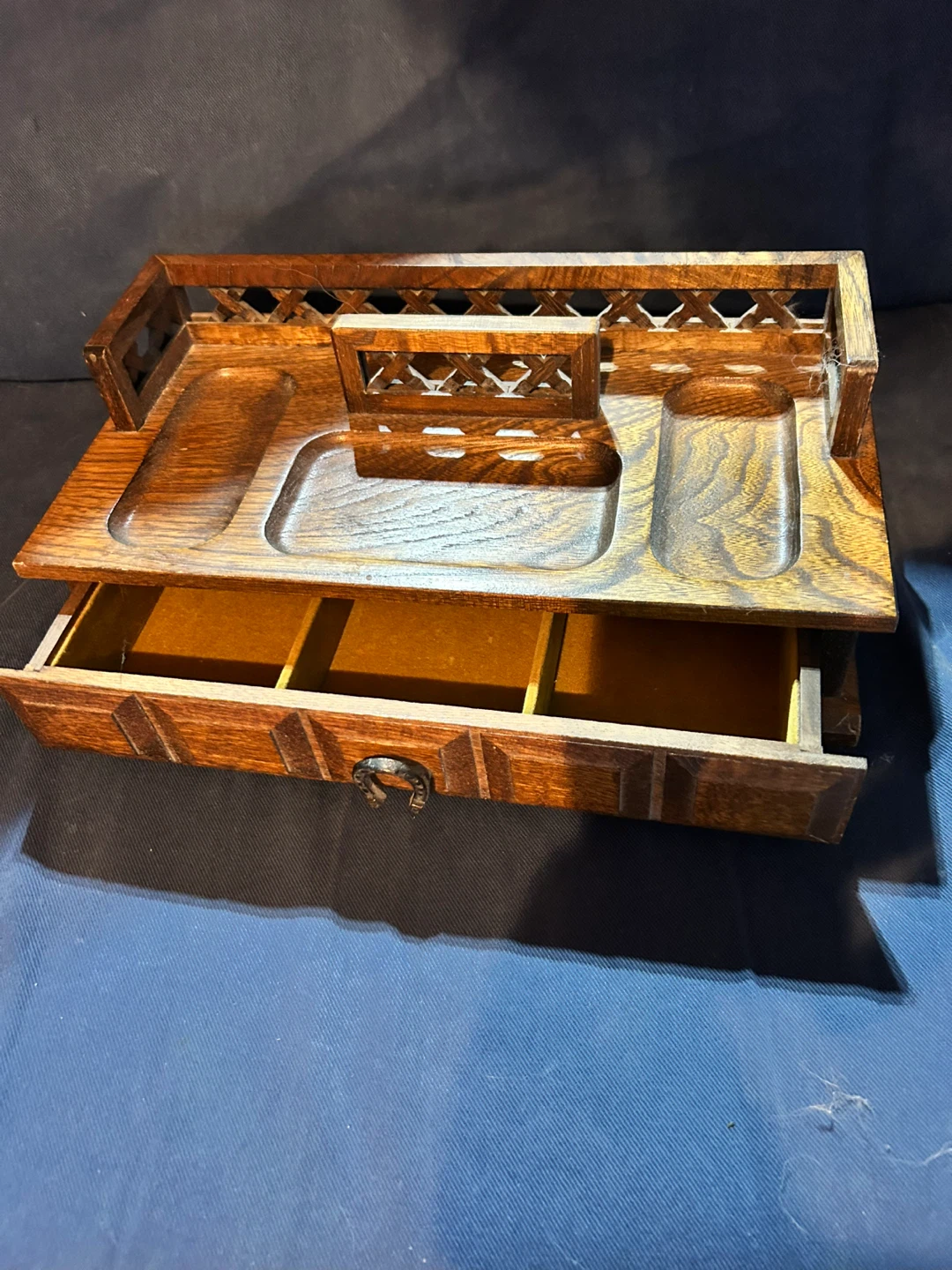 Vintage Wooden Desk Organizer Tray with Drawer