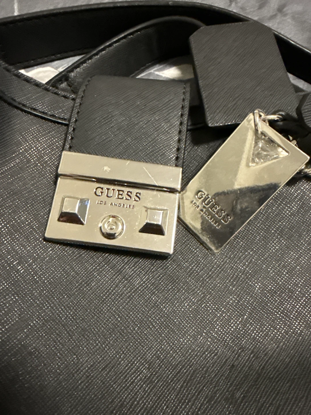 Guess Handbag Black Saffiano Leather Silver Hardware