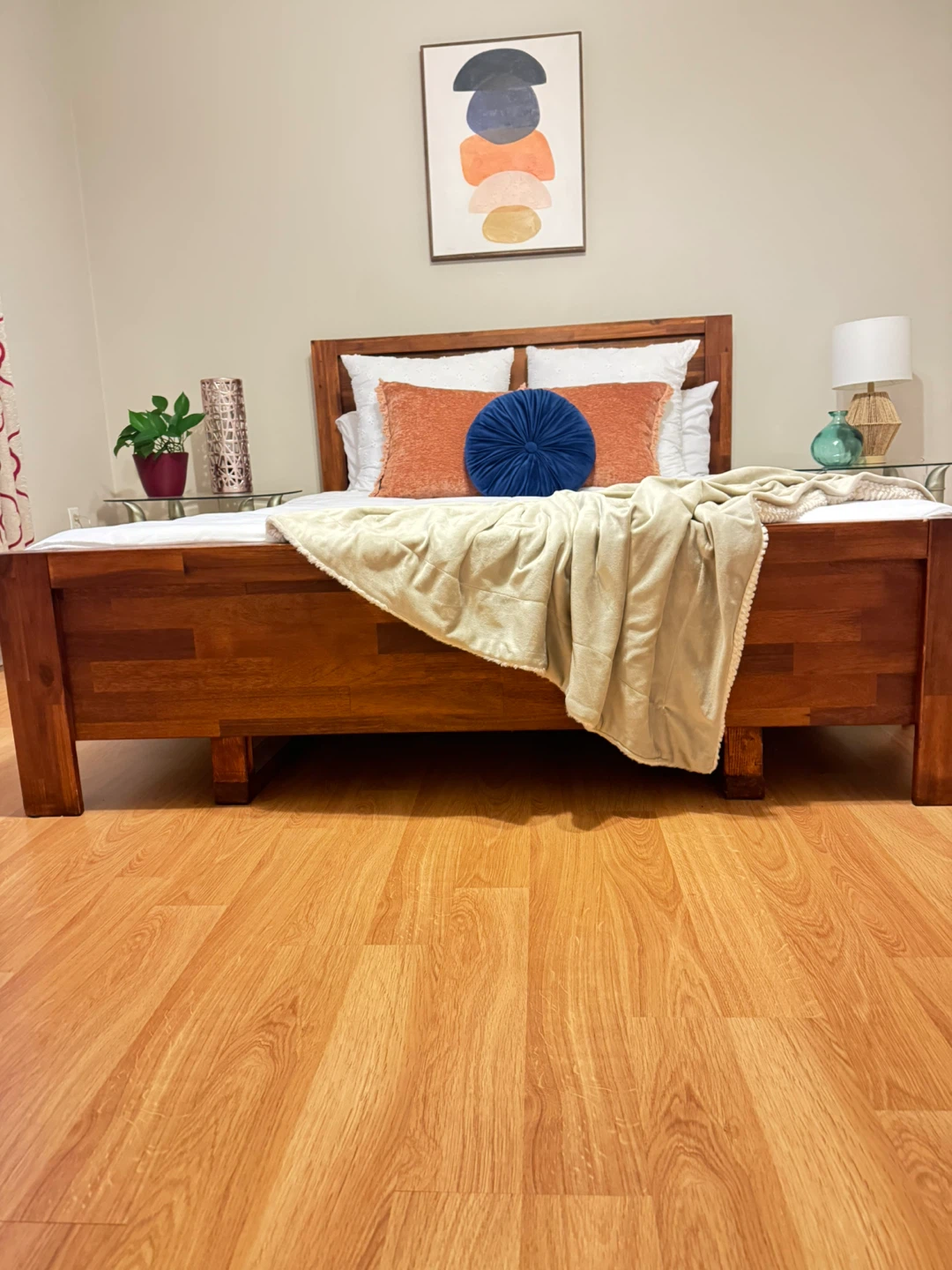 Queen Bed Frame Set (Structube) + 2 Glass Top Side Tables – OBO