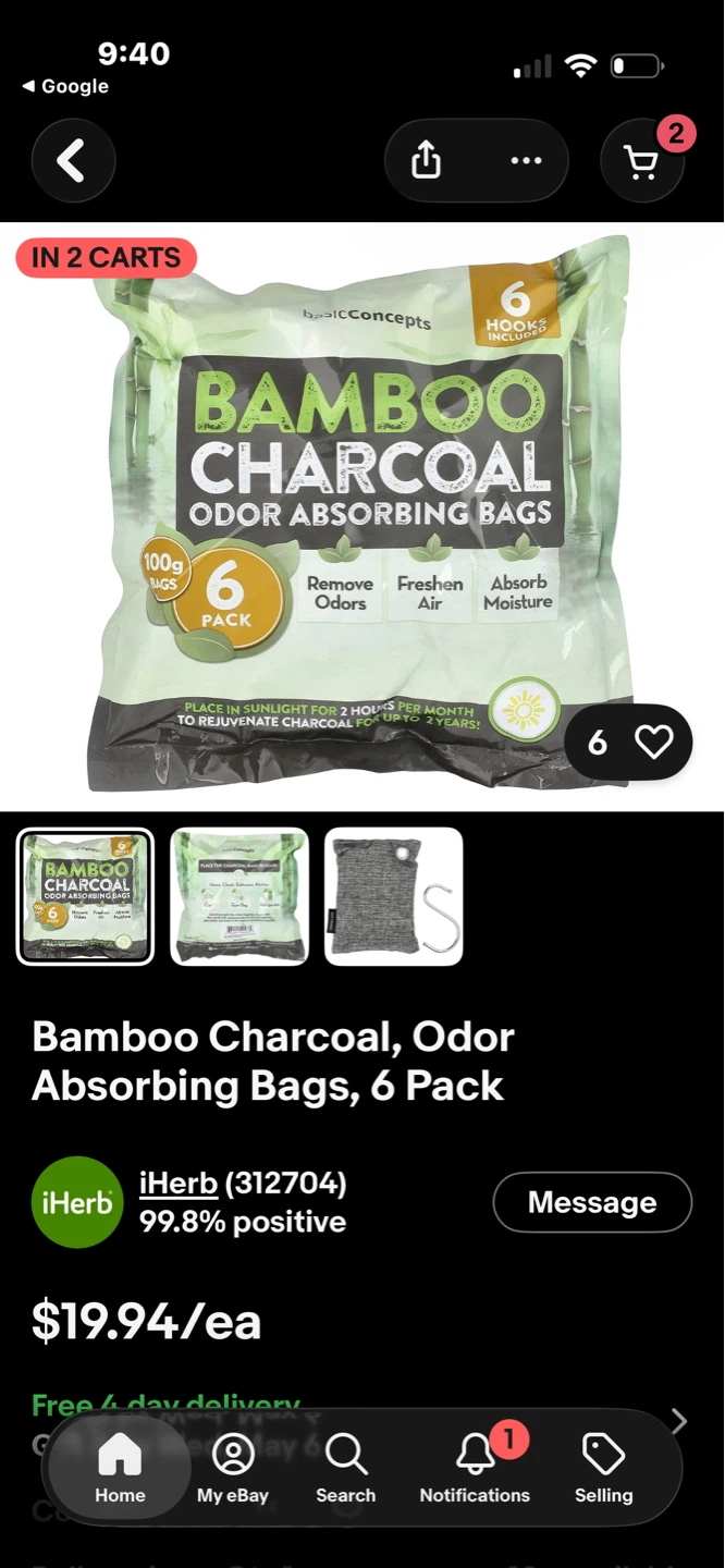 Basic Concepts Bamboo Charcoal Odor Absorbing Bags, 6 Pack - photo 3