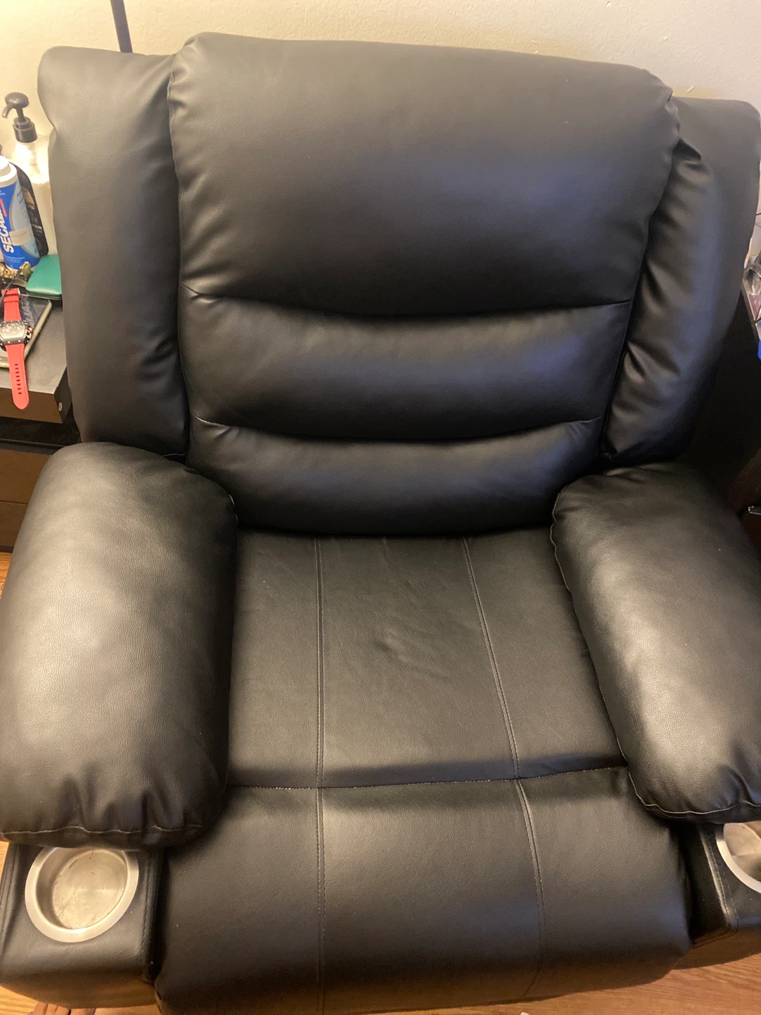 Black Faux Leather Recliner Chair with Cup Holders