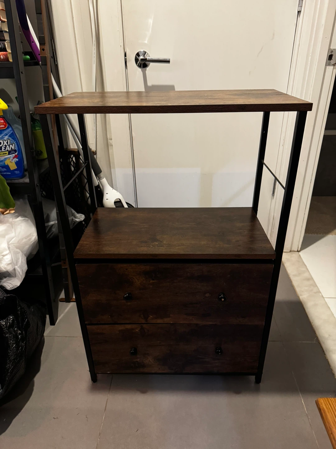 Wood and Metal Storage Shelf with Drawers