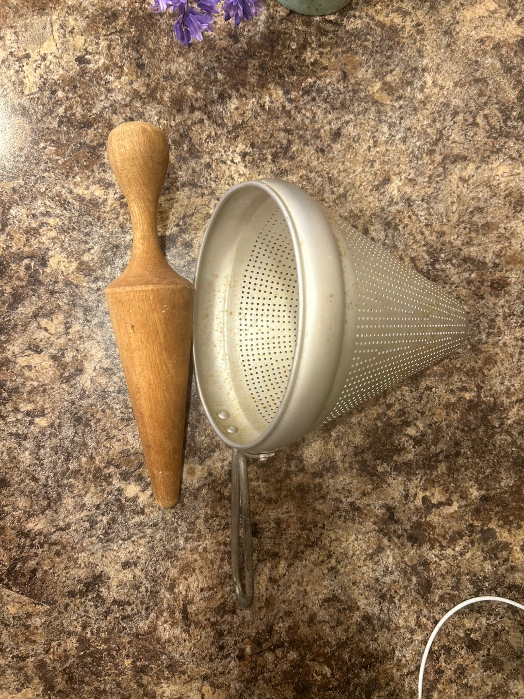 Vintage Metal Colander with Wooden Pestle