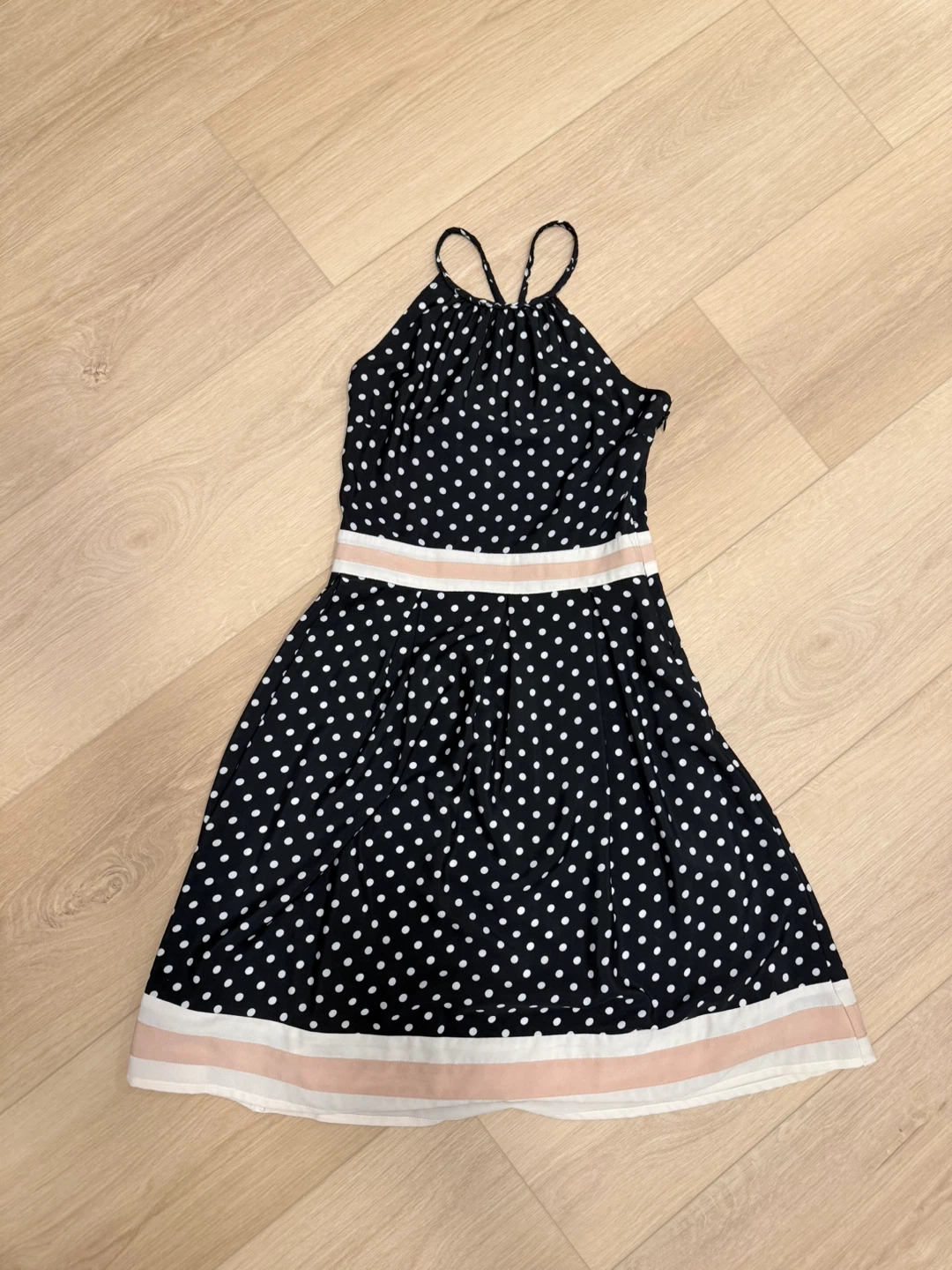 Black polka dot dress with pink and white stripes