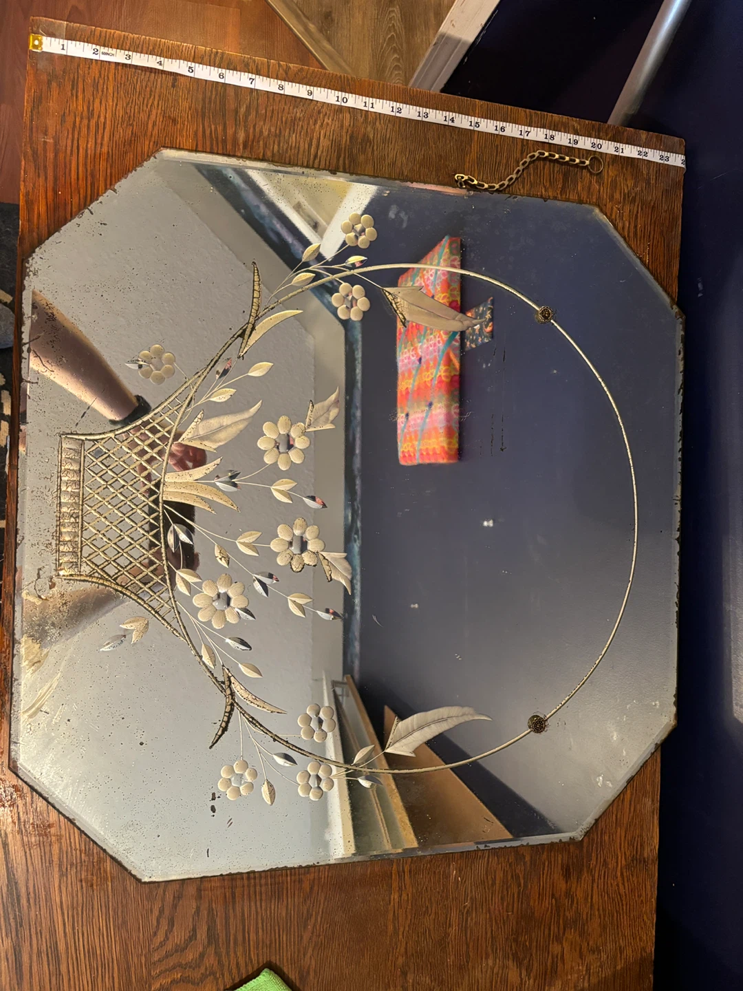 Vintage Octagonal Mirror with Floral Etching