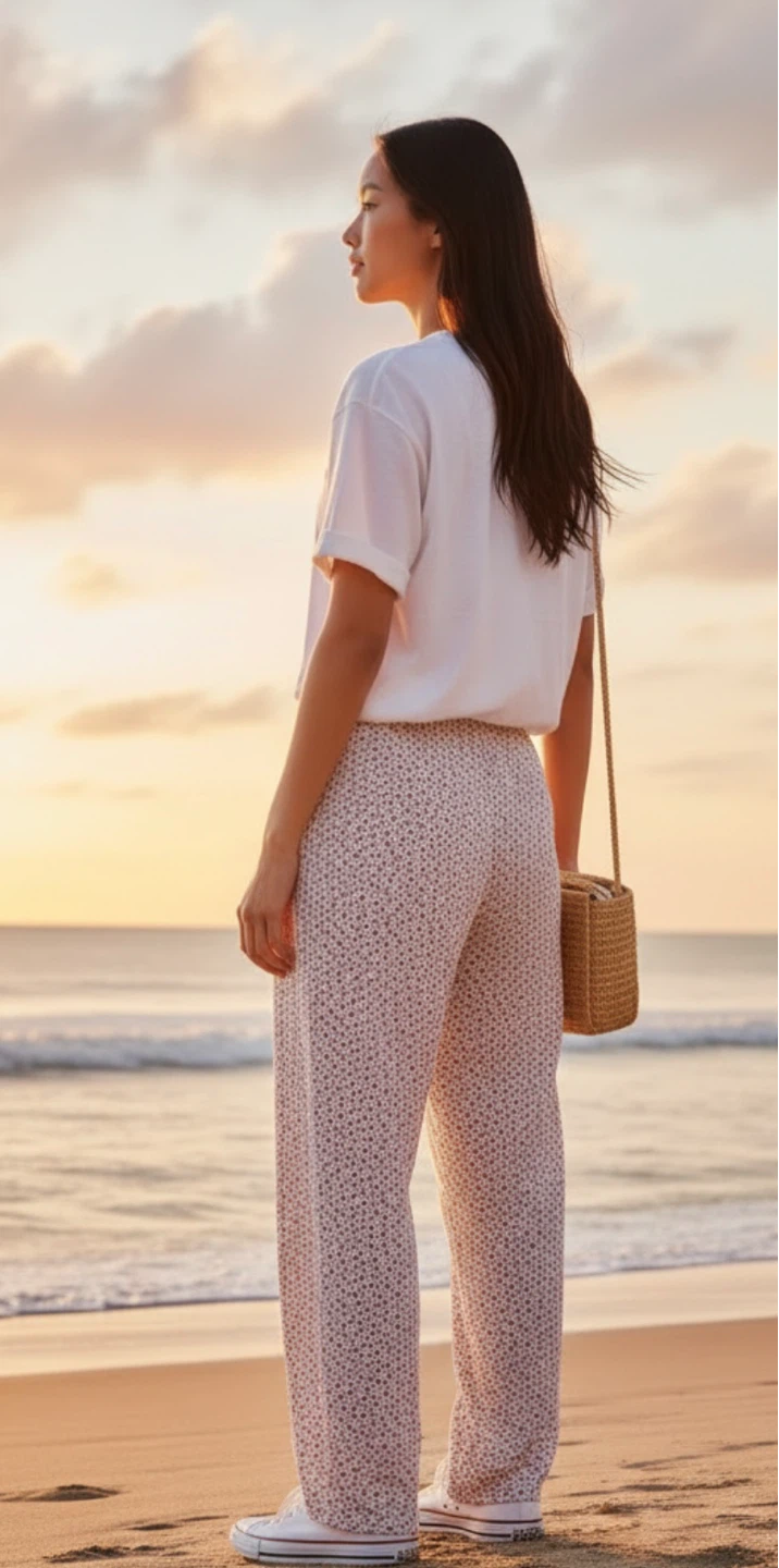 Wide Leg Floral Print Pants - Cream with Red & Blue (L/ XL) - photo 5