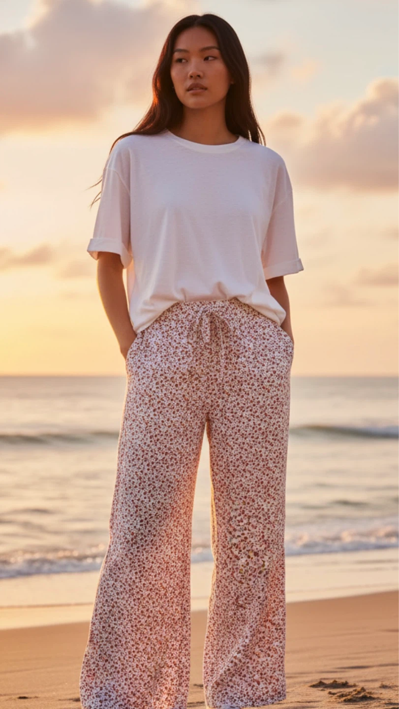 Wide Leg Floral Print Pants - Cream with Red & Blue (L/ XL)