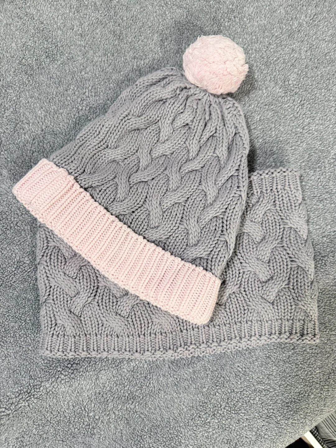 Grey Knit Hat and Scarf Set with Pink Trim