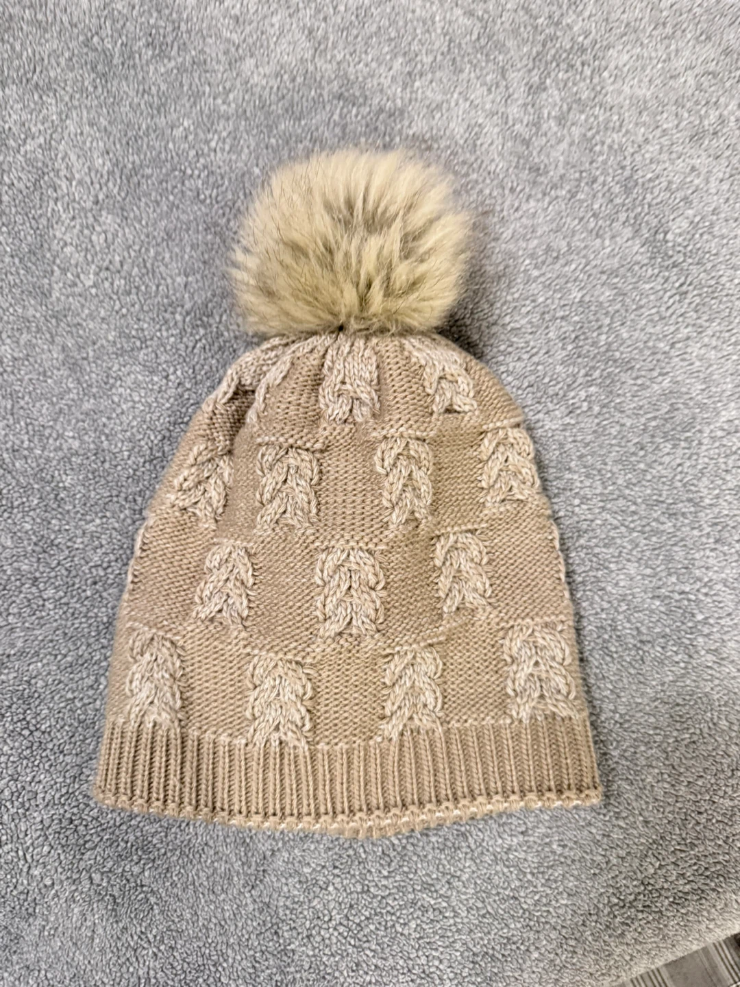 Tan Knit Pom Pom Beanie Hat