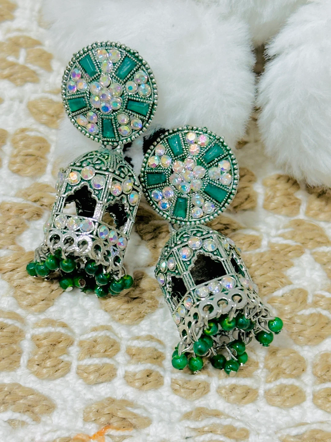 Green Indian Jhumka Earrings with Rhinestones - photo 2