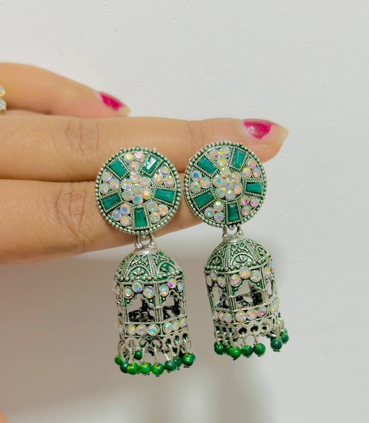 Green Indian Jhumka Earrings with Rhinestones