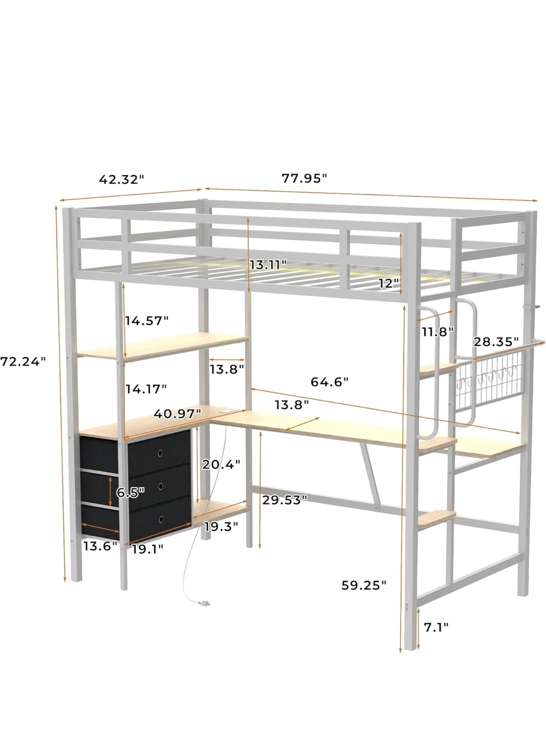 White Metal Loft Bed with Desk and Shelves - photo 3