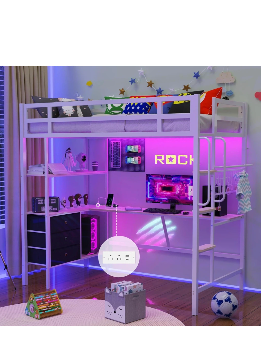 White Metal Loft Bed with Desk and Shelves - photo 2