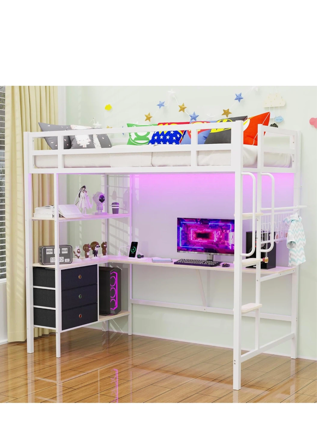 White Metal Loft Bed with Desk and Shelves