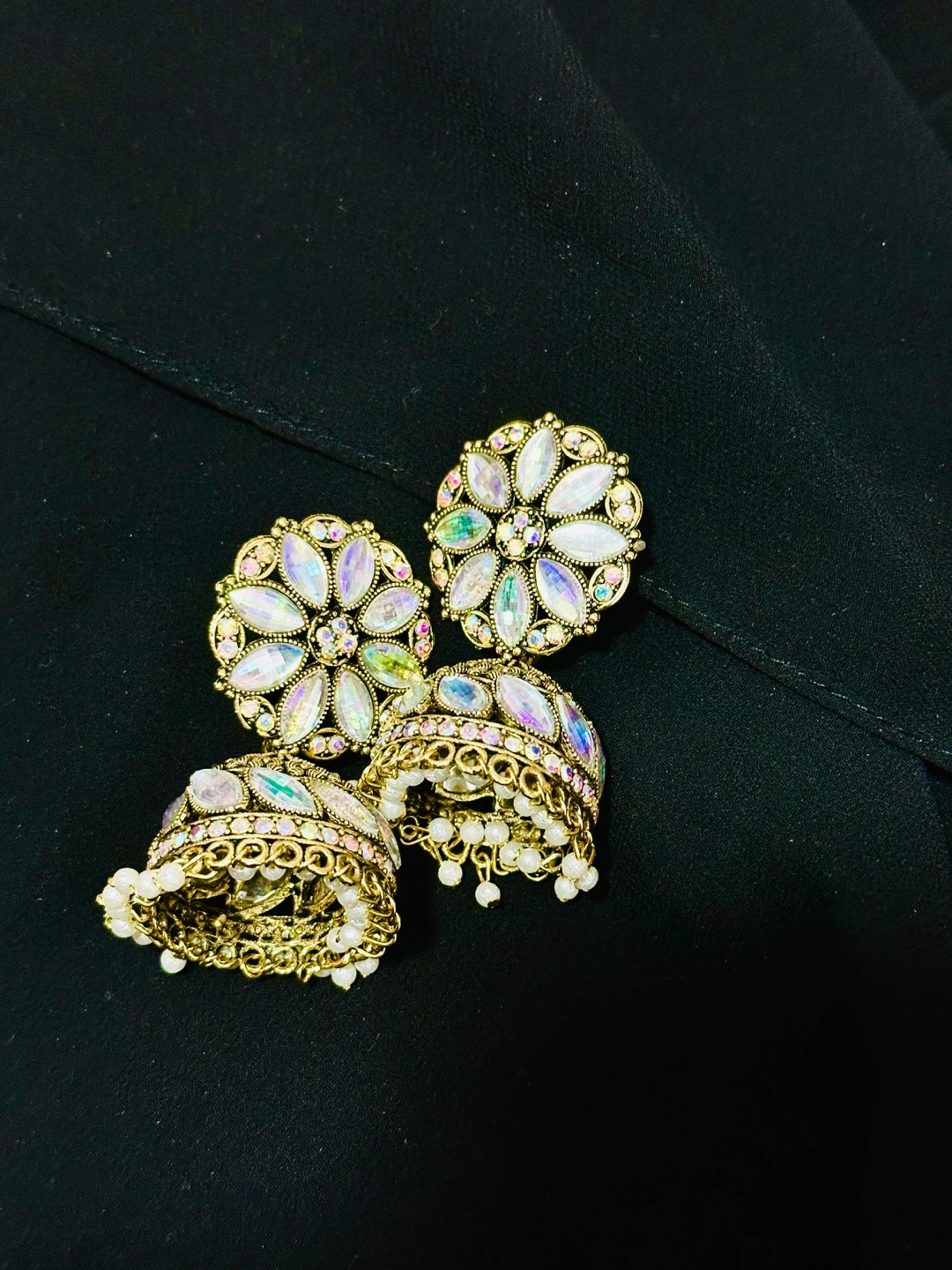 Gold Tone Indian Jhumka Earrings with Rhinestones - photo 3