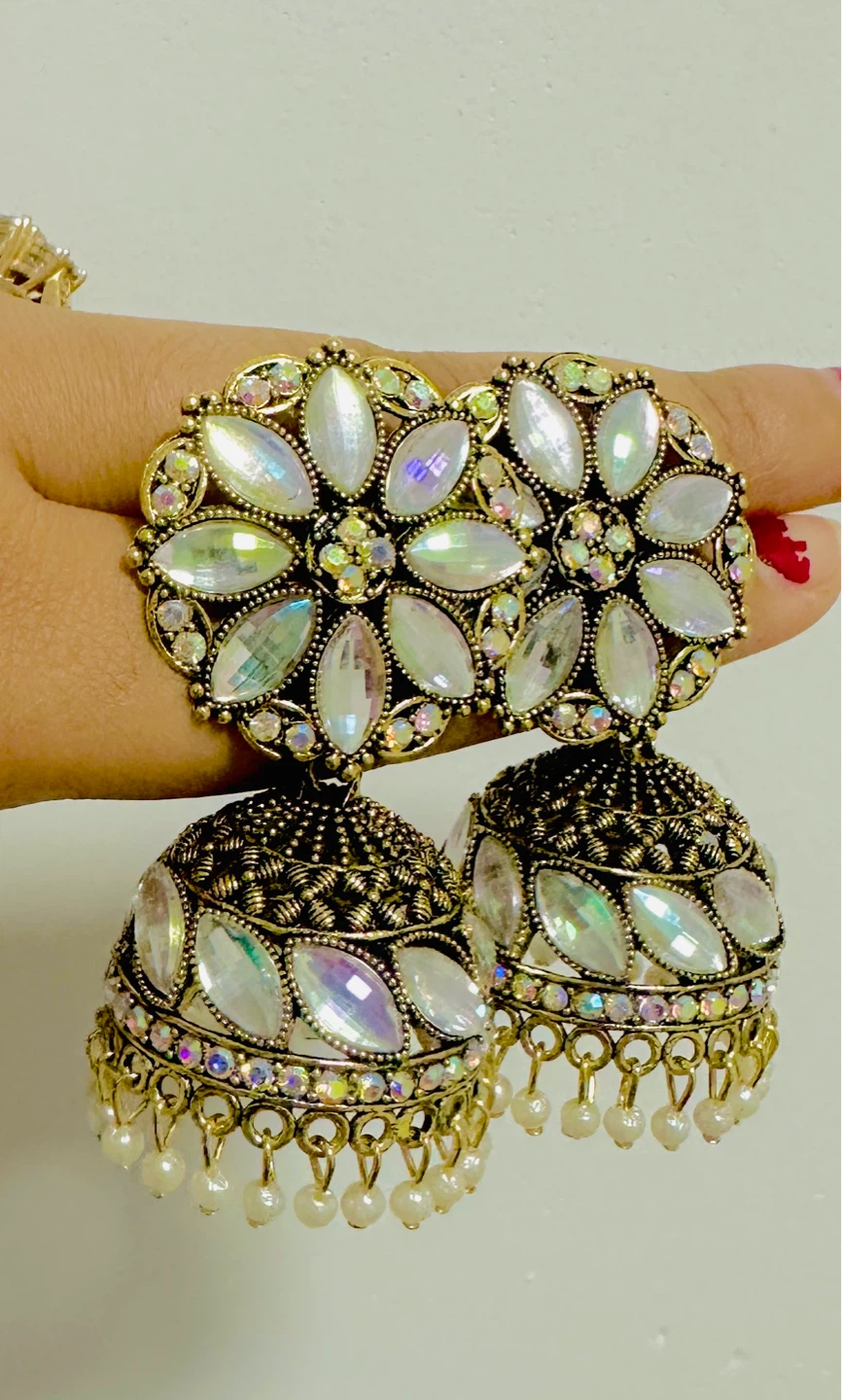 Gold Tone Indian Jhumka Earrings with Rhinestones - photo 4