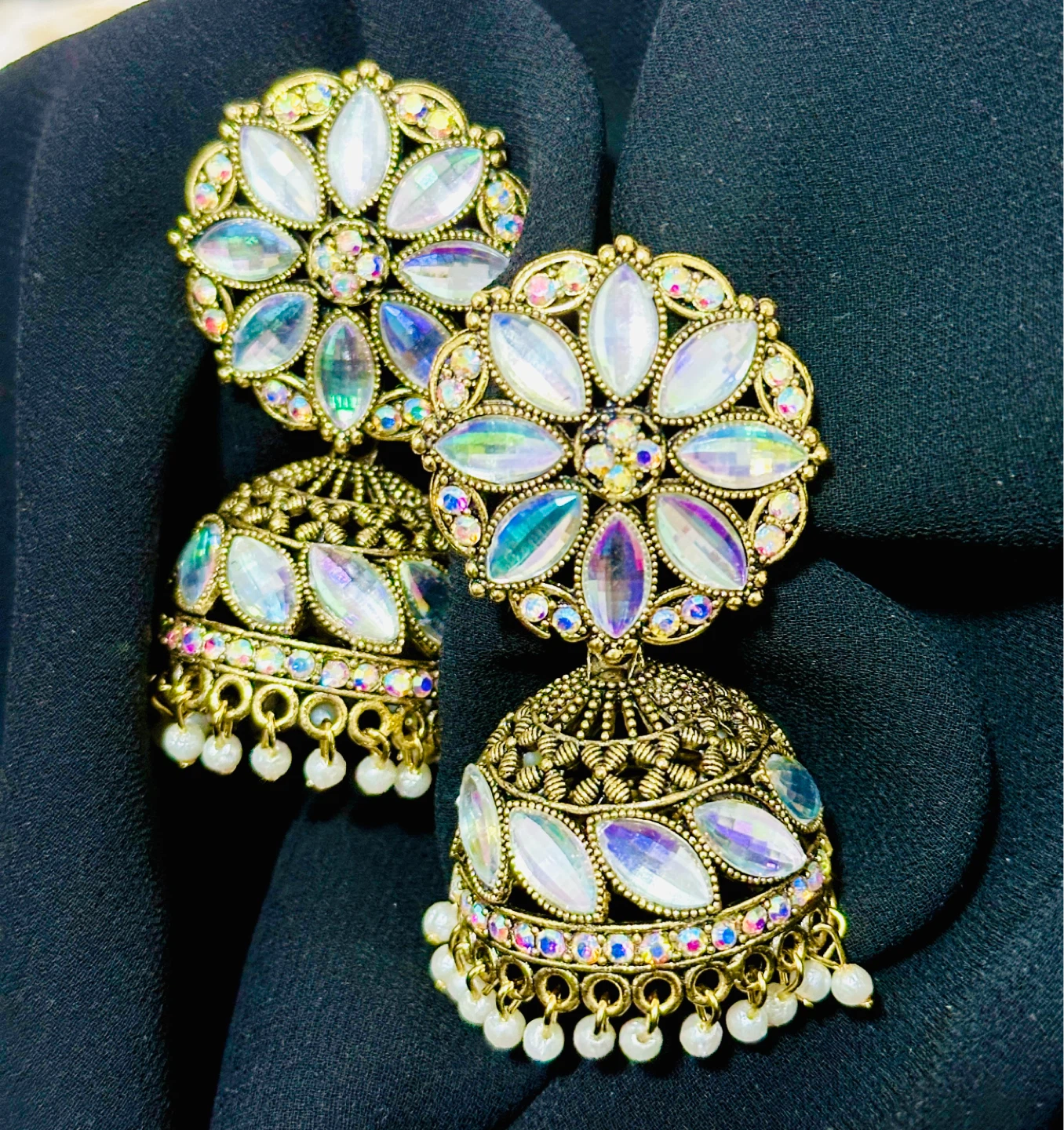 Gold Tone Indian Jhumka Earrings with Rhinestones - photo 2