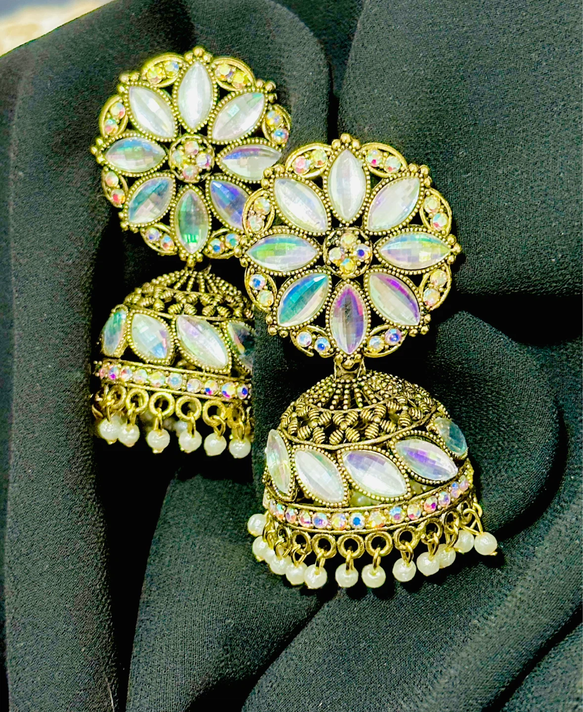 Gold Tone Indian Jhumka Earrings with Rhinestones