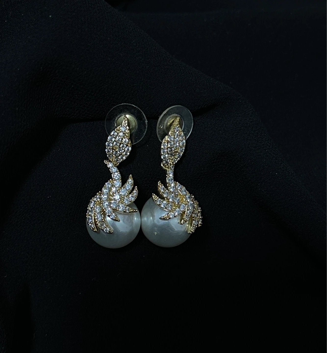 Gold-tone Dangling Pearl Earrings with Crystal Accents