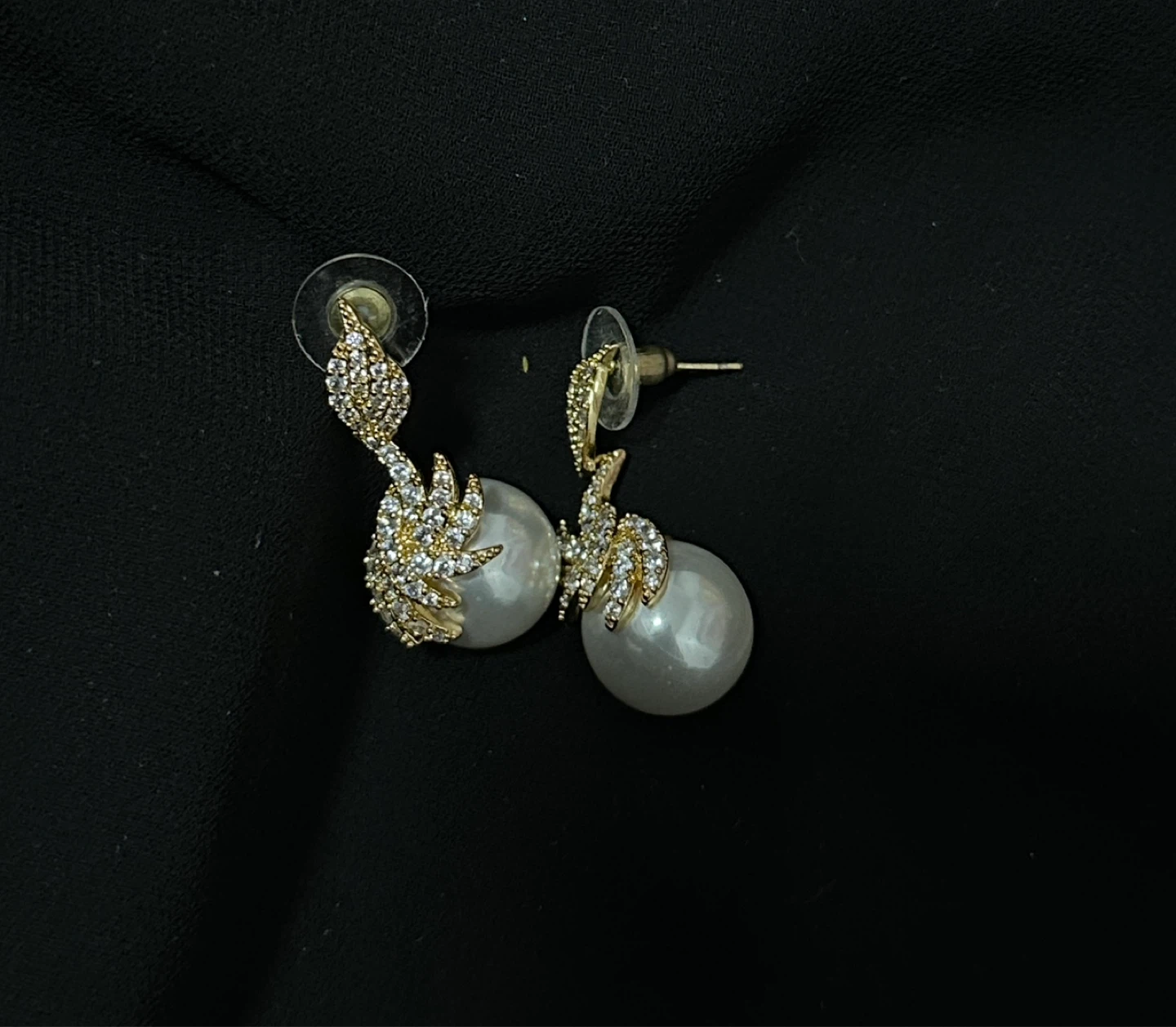Gold-tone Dangling Pearl Earrings with Crystal Accents - photo 2