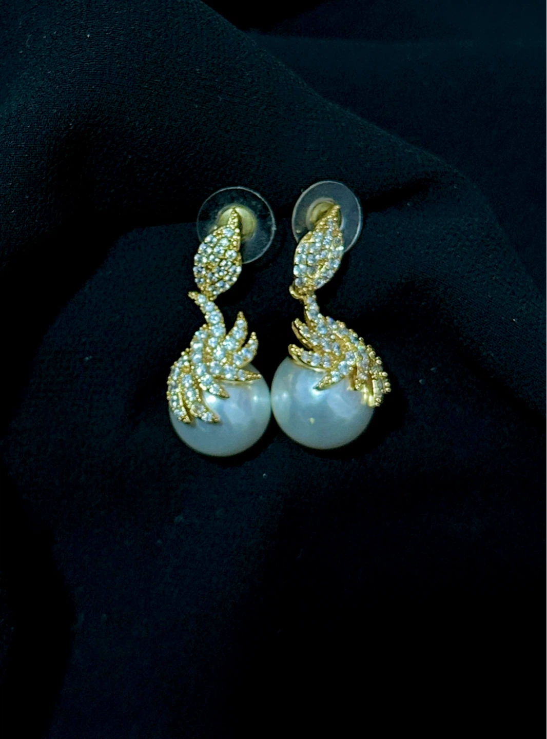 Gold-tone Dangling Pearl Earrings with Crystal Accents - photo 3