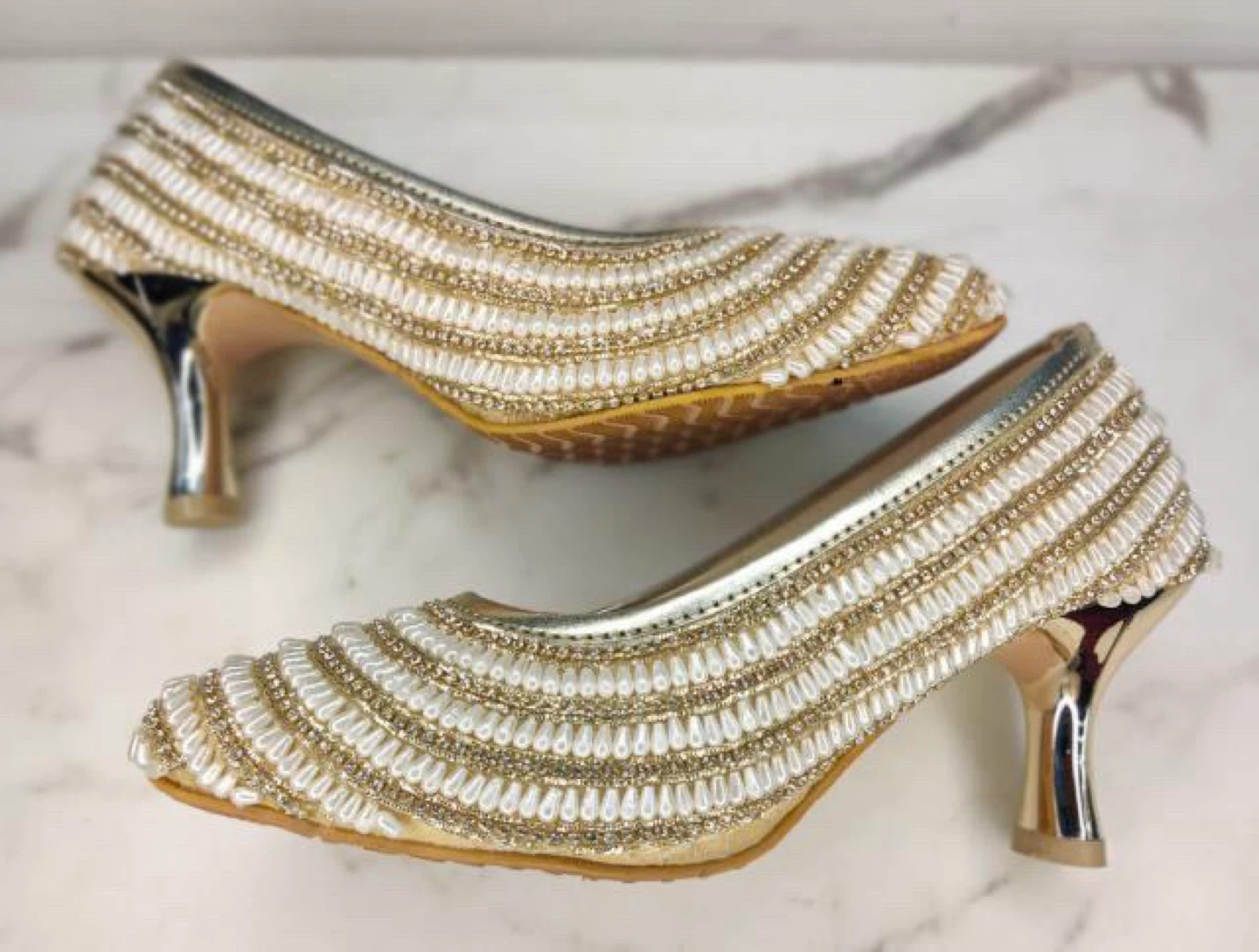 Embellished Gold and White Heels