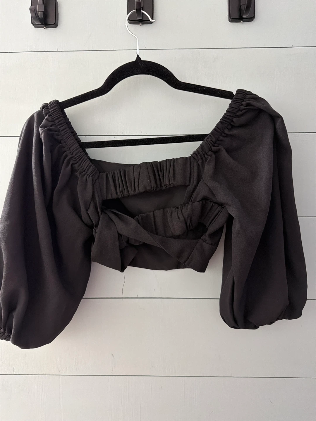 Black Square Neck Crop Top with Puff Sleeves - S - photo 2