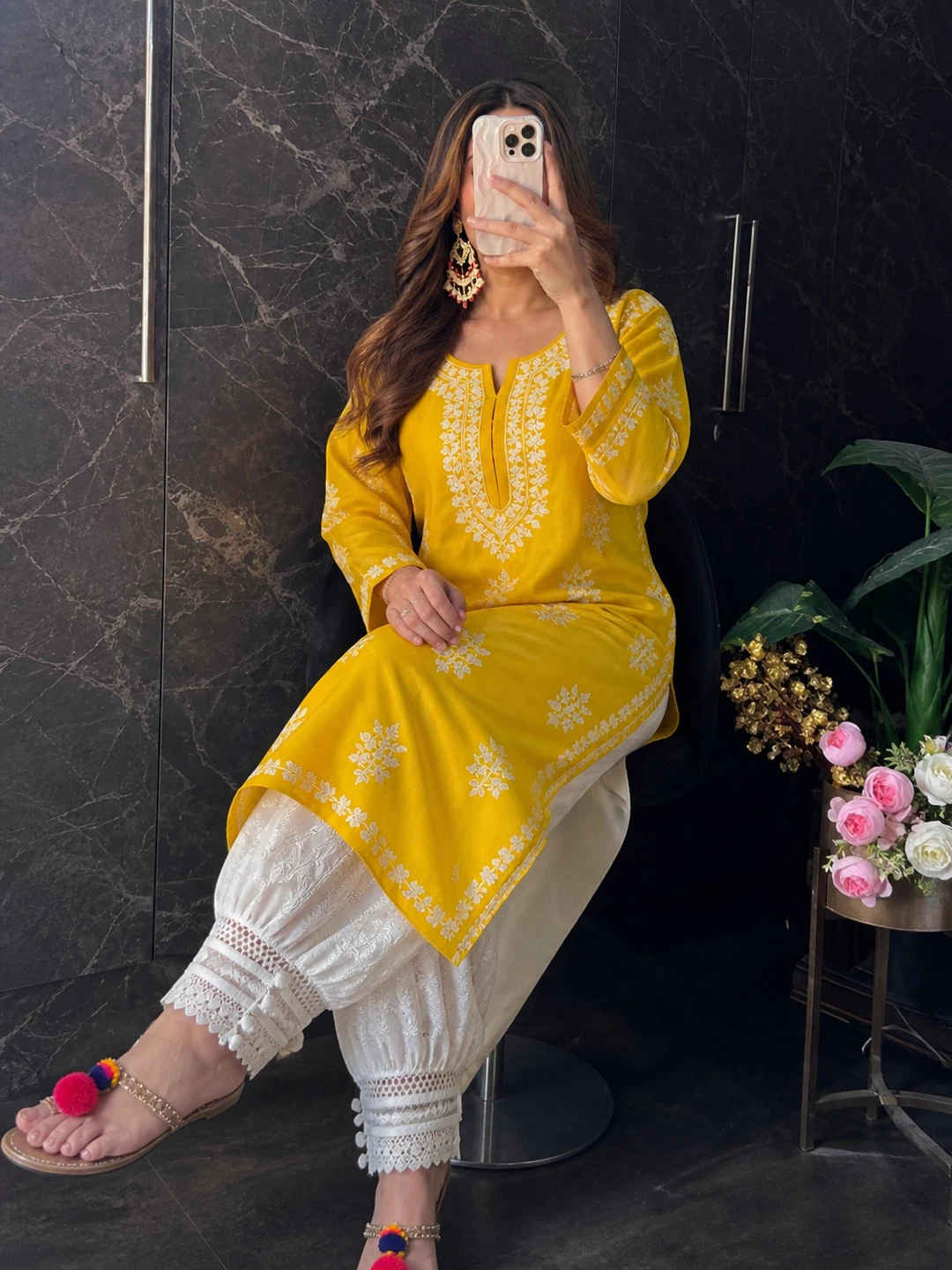 Yellow Chickenkari kurta with Afghani Salwar